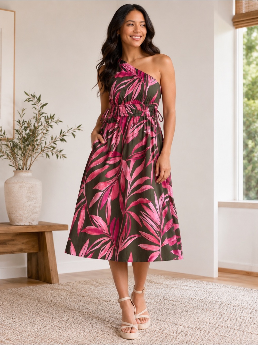 Time and Tru One-Shoulder Tropical Midi Dress 100% Cotton Women’s Small